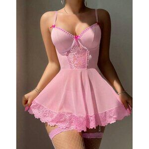 Sexy Pink Baby Dress Bow Lace Contrast 4 Pieces Lingerie Set